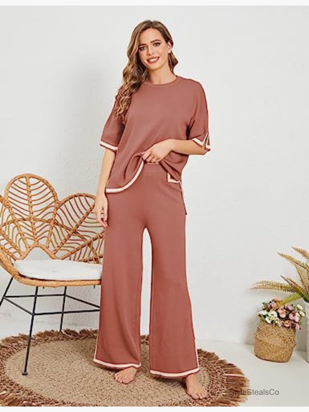 2 Piece Lounge Sets Short Sleeve Knit Pullover Tops Wide Leg Pants - Picture 2 of 7
